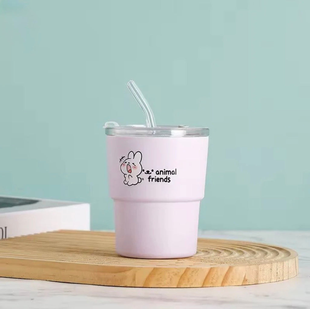 Animal Friends Glass Sipper with Straw | 360ML Cute Cartoon Glass Tumbler | BPA Free Reusable Drinking Cup for Kids & Adults | Aesthetic Coffee, Juice & Water Glass