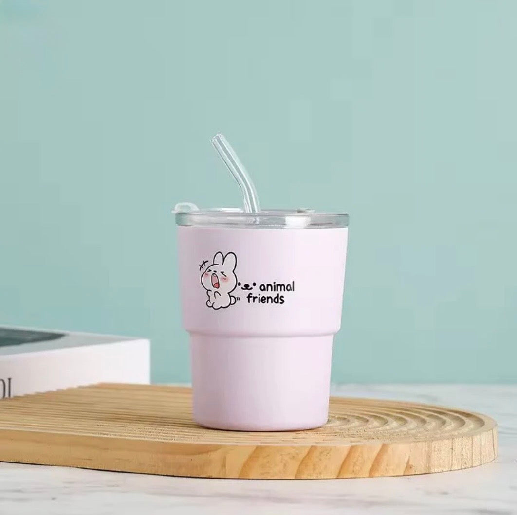 Animal Friends Glass Sipper with Straw | 360ML Cute Cartoon Glass Tumbler | BPA Free Reusable Drinking Cup for Kids & Adults | Aesthetic Coffee, Juice & Water Glass