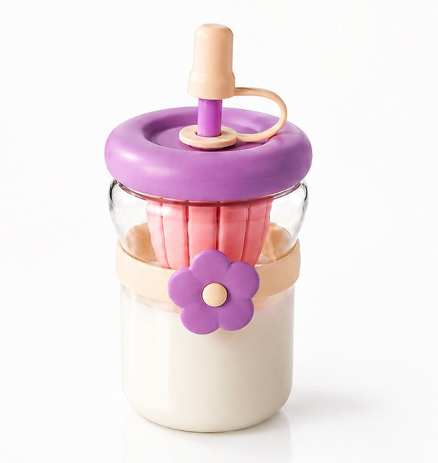 FLOWER GLASS SIPPER Bottle with Fruit Infuser | 500ML Cute Aesthetic Glass Tumbler with Straw | Leakproof Reusable Water Bottle for Juice, Milk, Smoothies & Detox Drinks