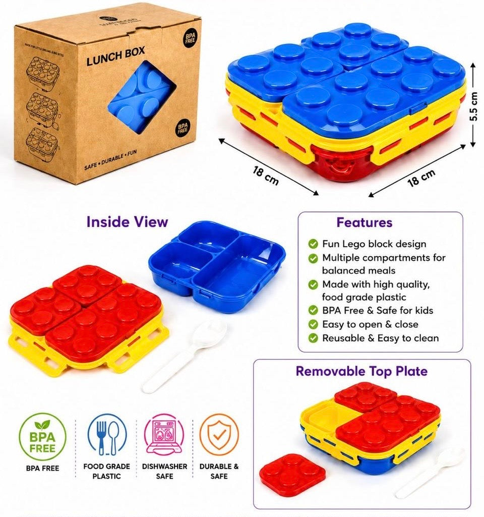 Lego blocks lunchbox with spoon