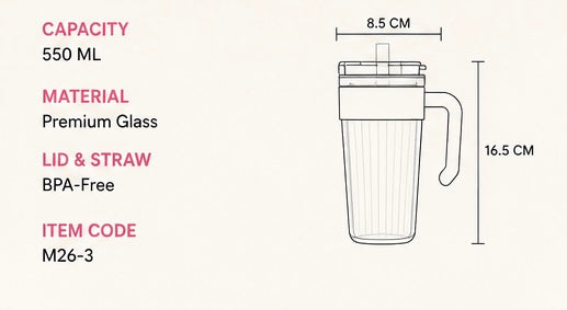 Premium Glass Tumbler with Handle & Straw | 550ML Reusable Drinking Cup | Stylish Leakproof Glass Mug for Juice, Iced Coffee, Smoothies & Daily Hydration