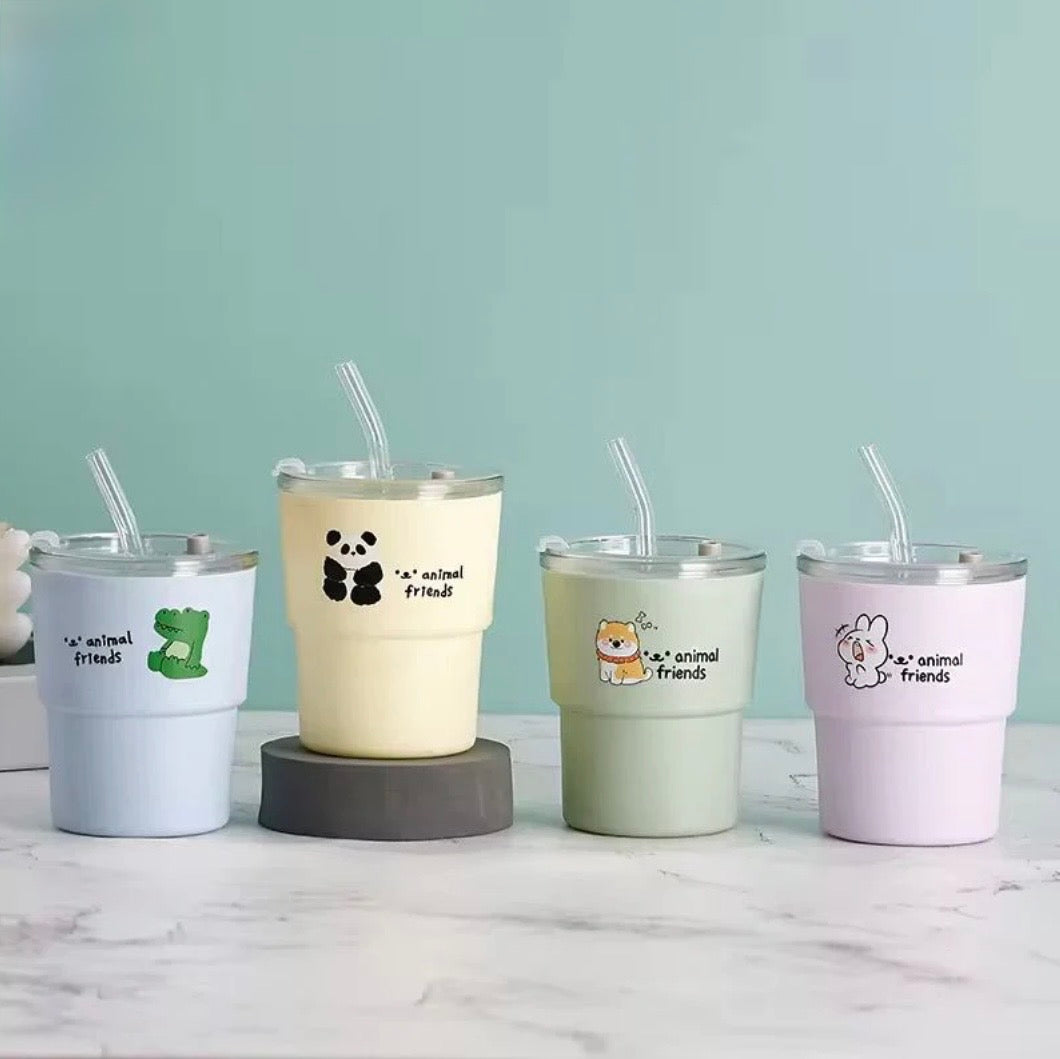 Animal Friends Glass Sipper with Straw | 360ML Cute Cartoon Glass Tumbler | BPA Free Reusable Drinking Cup for Kids & Adults | Aesthetic Coffee, Juice & Water Glass