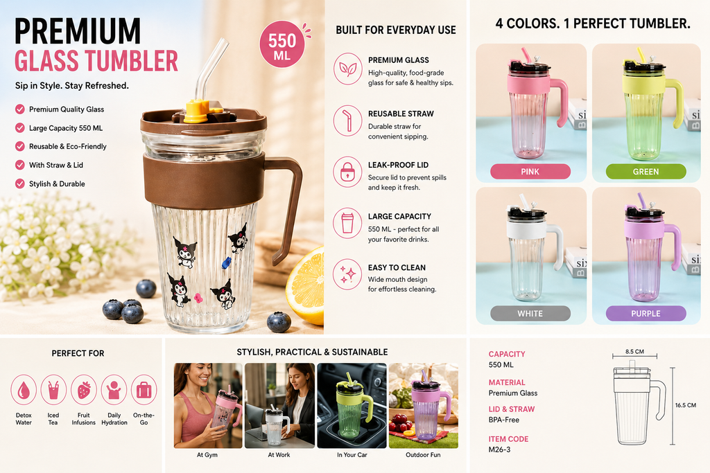 Premium Glass Tumbler with Handle & Straw | 550ML Reusable Drinking Cup | Stylish Leakproof Glass Mug for Juice, Iced Coffee, Smoothies & Daily Hydration