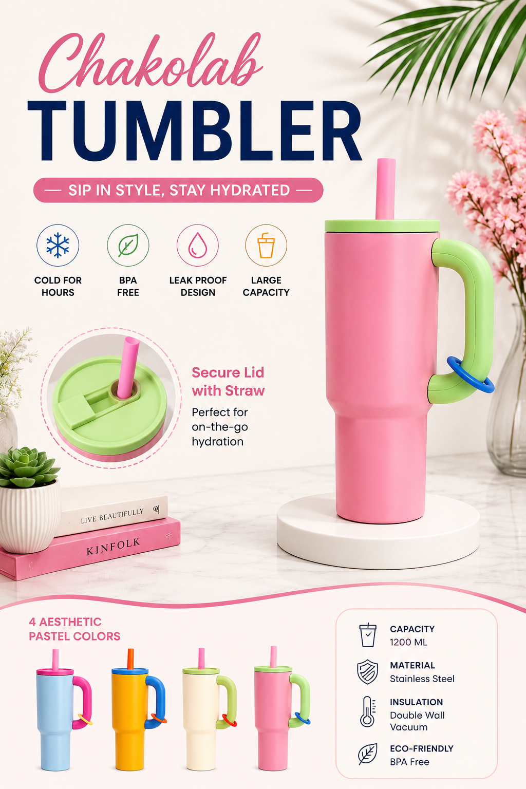 ChakoLab 1200ML Insulated Stainless Steel Tumbler with Handle & Straw | Leakproof Large Coffee Mug | BPA Free Travel Cup for Hot & Cold Drinks | Reusable Water Bottle for Office, Gym & Travel