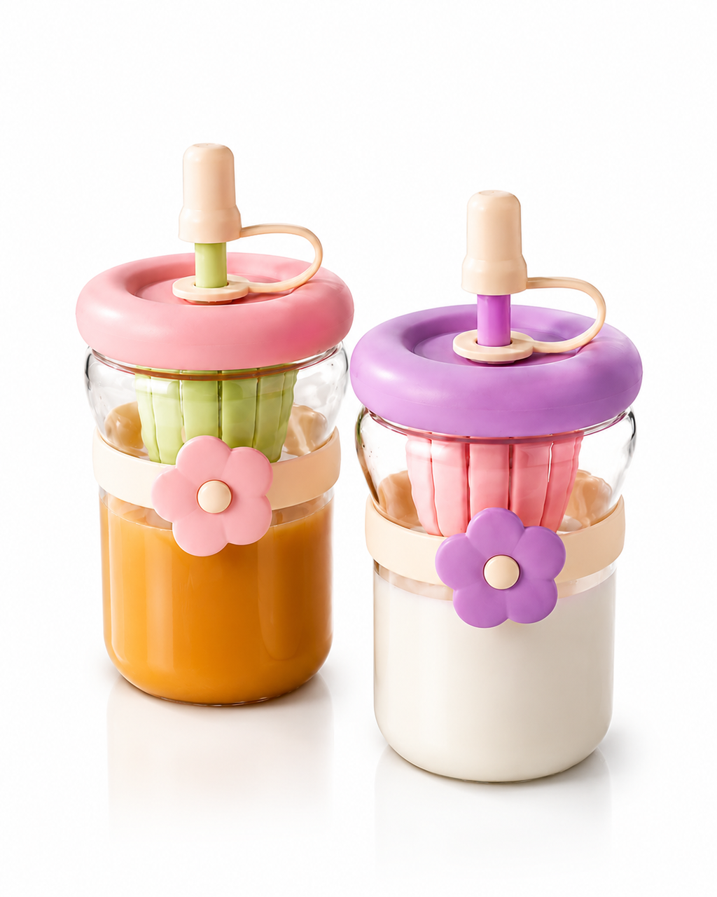 FLOWER GLASS SIPPER Bottle with Fruit Infuser | 500ML Cute Aesthetic Glass Tumbler with Straw | Leakproof Reusable Water Bottle for Juice, Milk, Smoothies & Detox Drinks