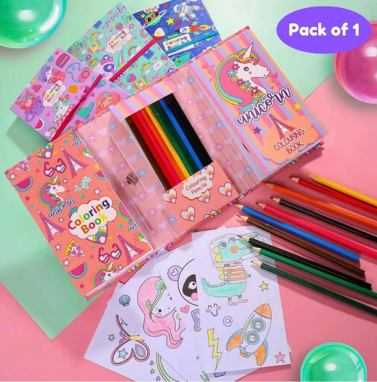 Colouring book, scratch book with pencil colours