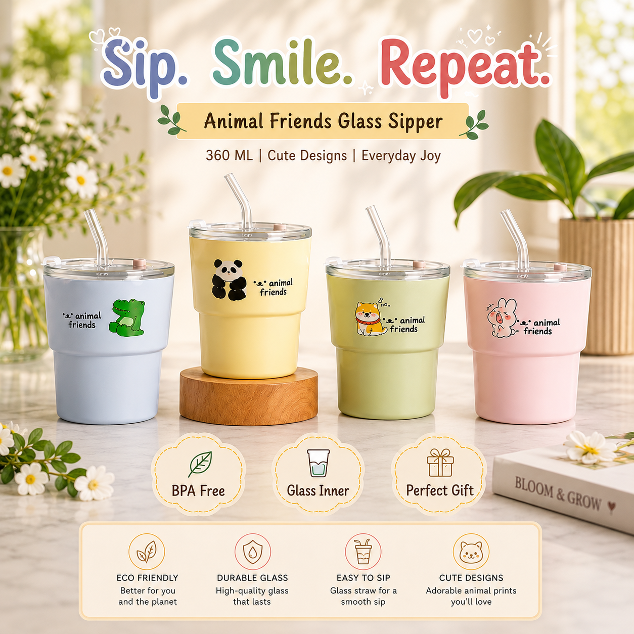 Animal Friends Glass Sipper with Straw | 360ML Cute Cartoon Glass Tumbler | BPA Free Reusable Drinking Cup for Kids & Adults | Aesthetic Coffee, Juice & Water Glass