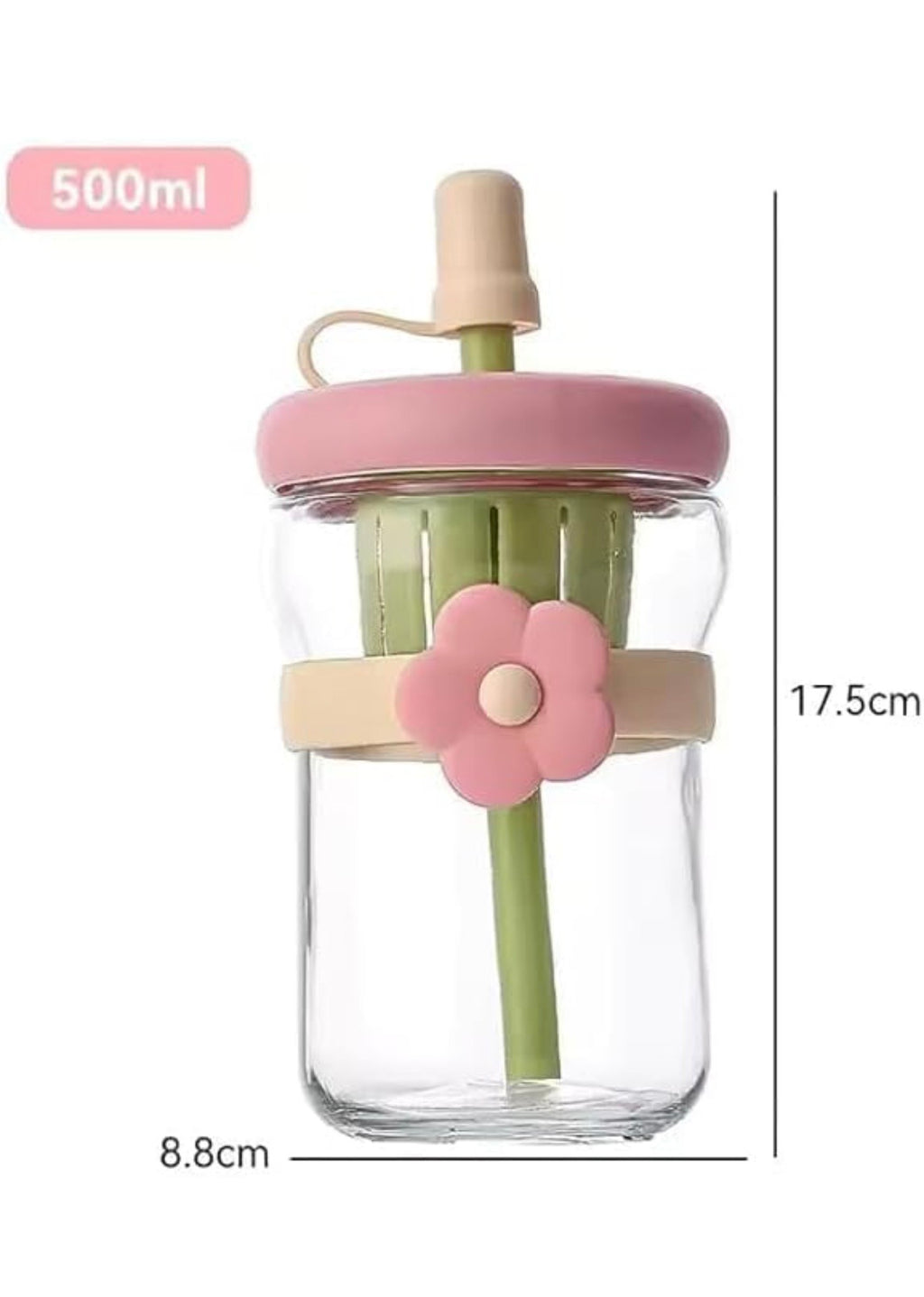 FLOWER GLASS SIPPER Bottle with Fruit Infuser | 500ML Cute Aesthetic Glass Tumbler with Straw | Leakproof Reusable Water Bottle for Juice, Milk, Smoothies & Detox Drinks
