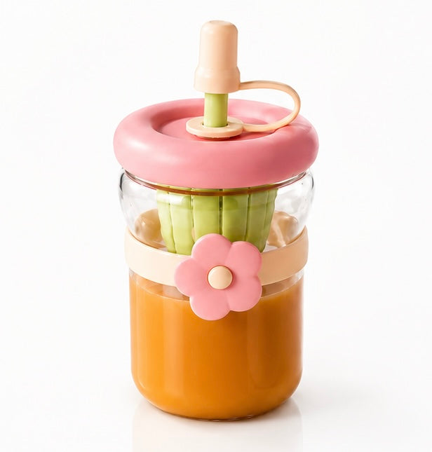 FLOWER GLASS SIPPER Bottle with Fruit Infuser | 500ML Cute Aesthetic Glass Tumbler with Straw | Leakproof Reusable Water Bottle for Juice, Milk, Smoothies & Detox Drinks
