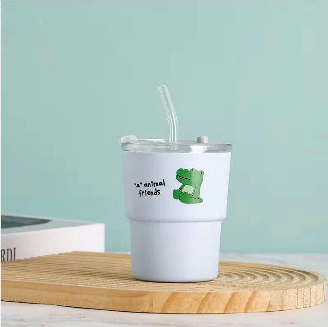 Animal Friends Glass Sipper with Straw | 360ML Cute Cartoon Glass Tumbler | BPA Free Reusable Drinking Cup for Kids & Adults | Aesthetic Coffee, Juice & Water Glass