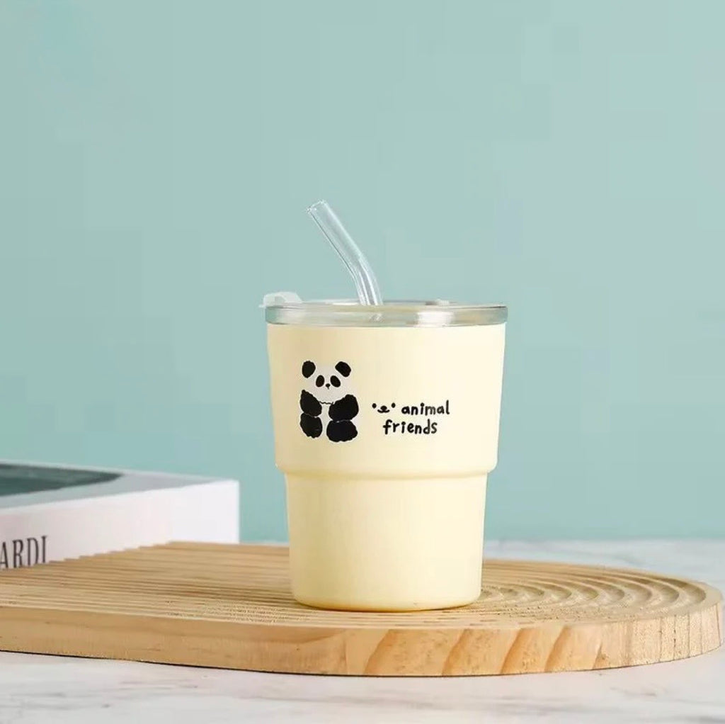 Animal Friends Glass Sipper with Straw | 360ML Cute Cartoon Glass Tumbler | BPA Free Reusable Drinking Cup for Kids & Adults | Aesthetic Coffee, Juice & Water Glass