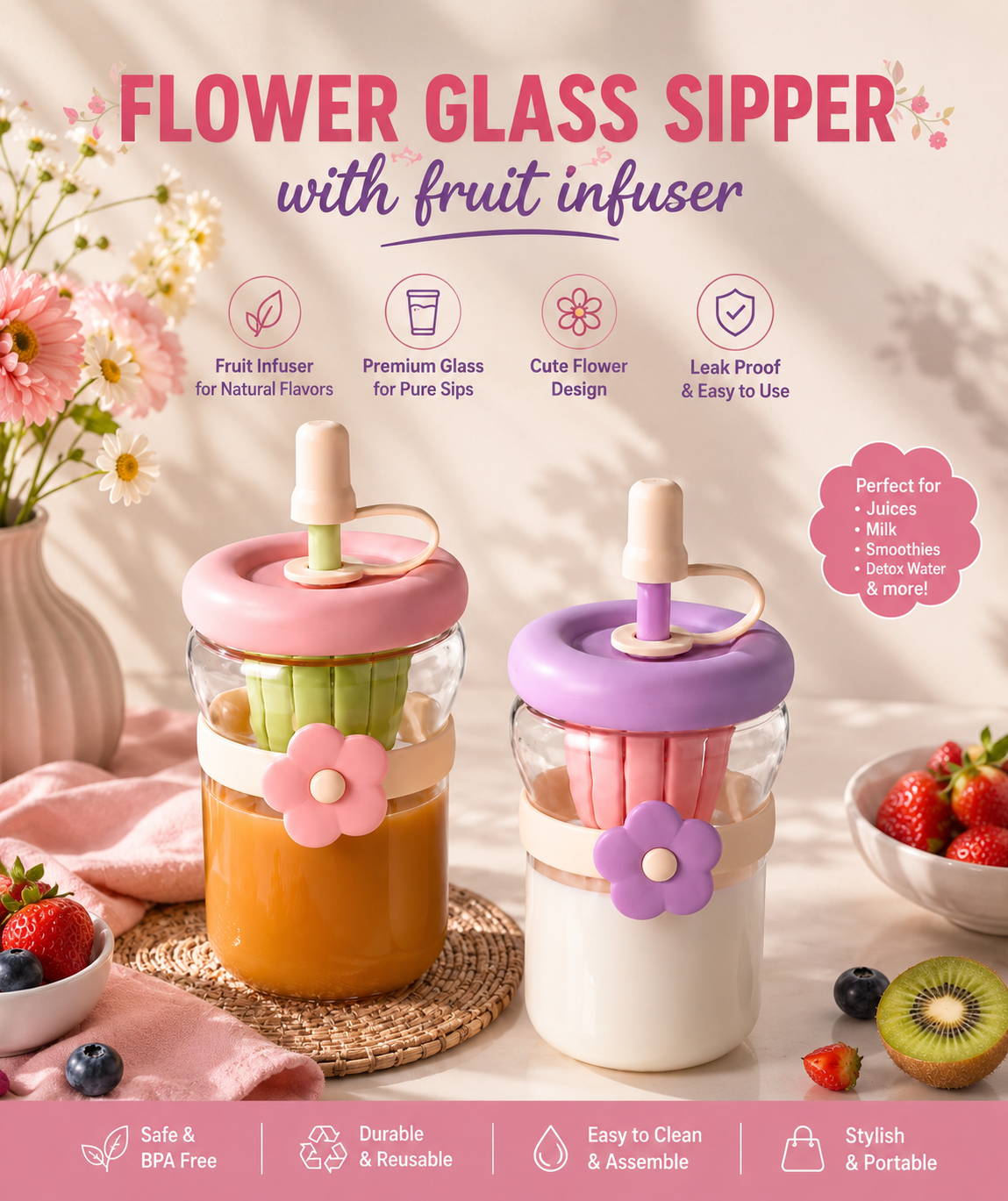 FLOWER GLASS SIPPER Bottle with Fruit Infuser | 500ML Cute Aesthetic Glass Tumbler with Straw | Leakproof Reusable Water Bottle for Juice, Milk, Smoothies & Detox Drinks